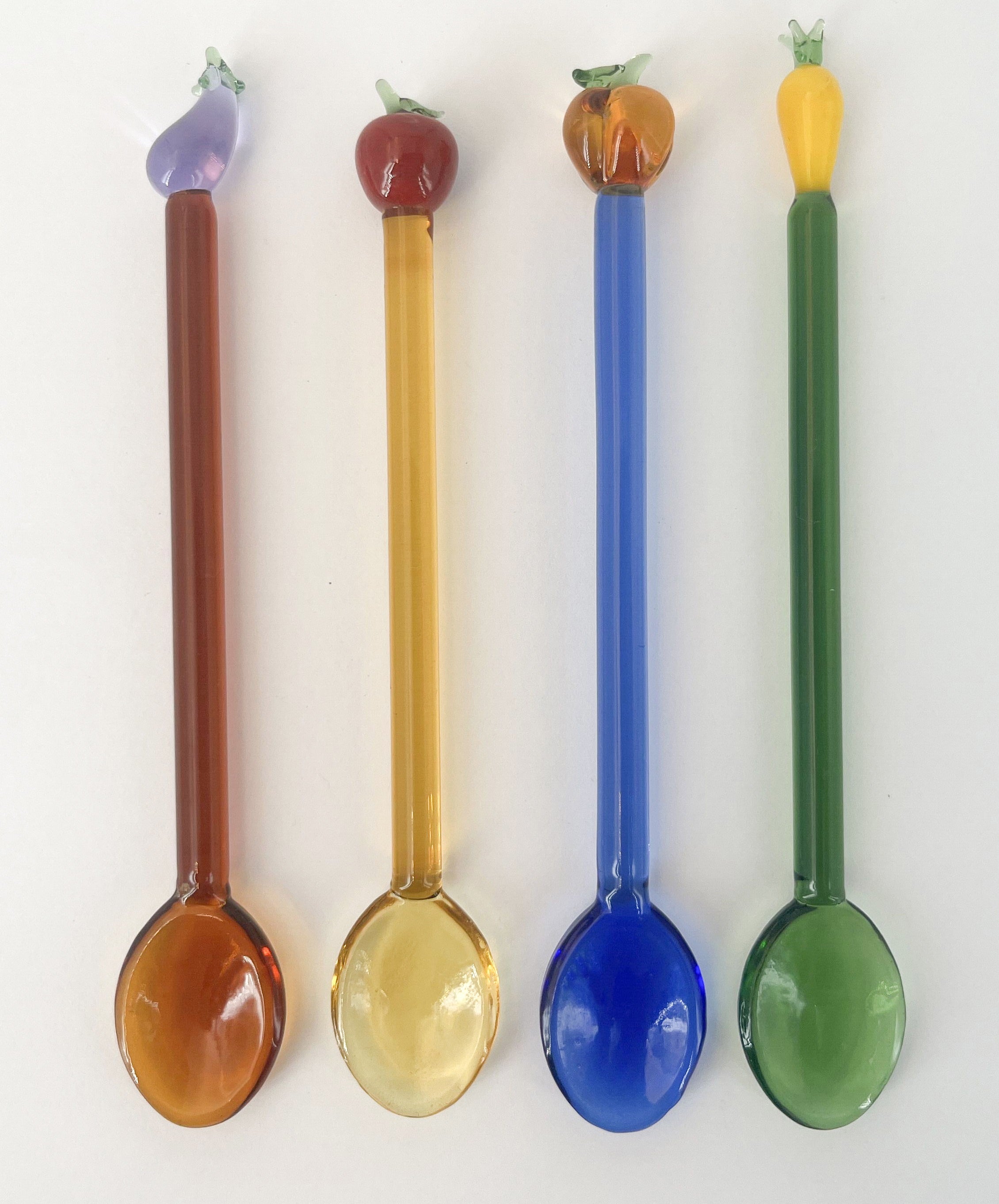 4er Set Marmeladenlöffel / Cocktaillöffel aus Glas, Länge ca. 14cm, Amber/ Blau/ Gelb/,Grün ,mit Früchte