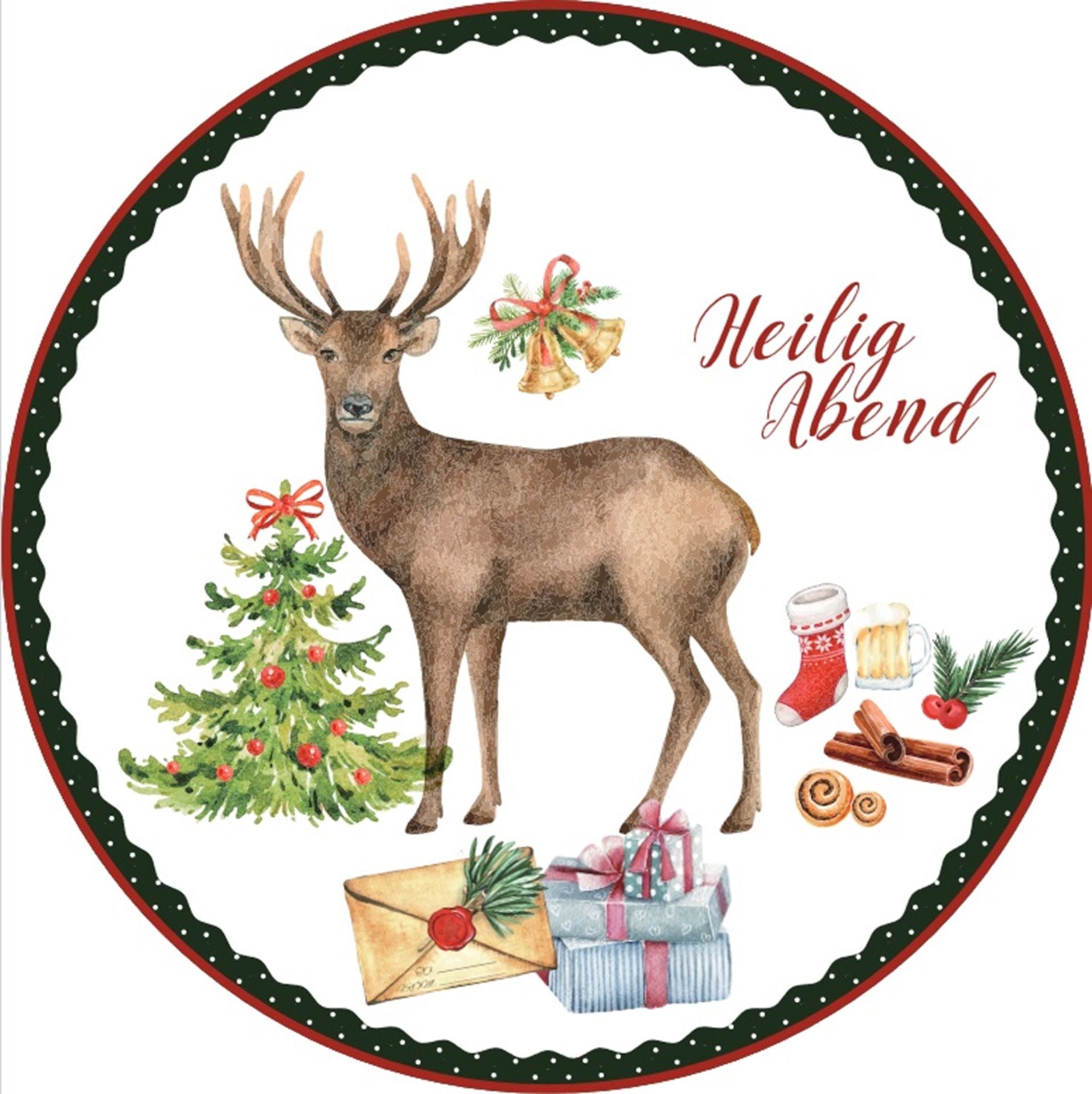 4er Set Weihnachtsteller mit Reh Motiv Keramik ca. 20,5cm Weiß/Rot/Grü