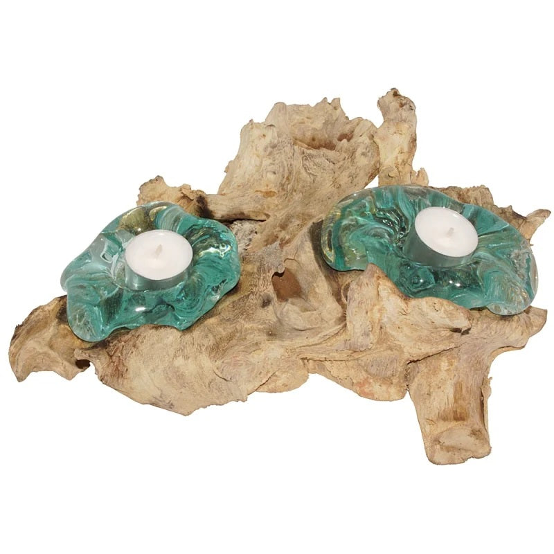 Liqva - Teakholz mit 2 Teelichtgläser, Größe und Form variiert