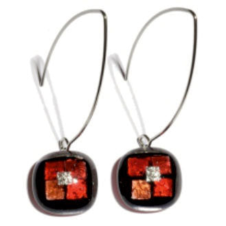Ohrringe mit Glasstein Rot Schwarz Fusing