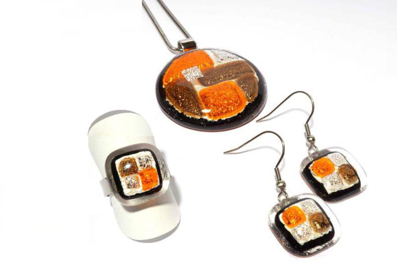 Glas Schmuckset Orange Gold Fusing Glas 3tlg (Kette, Ring, Ohrringe)