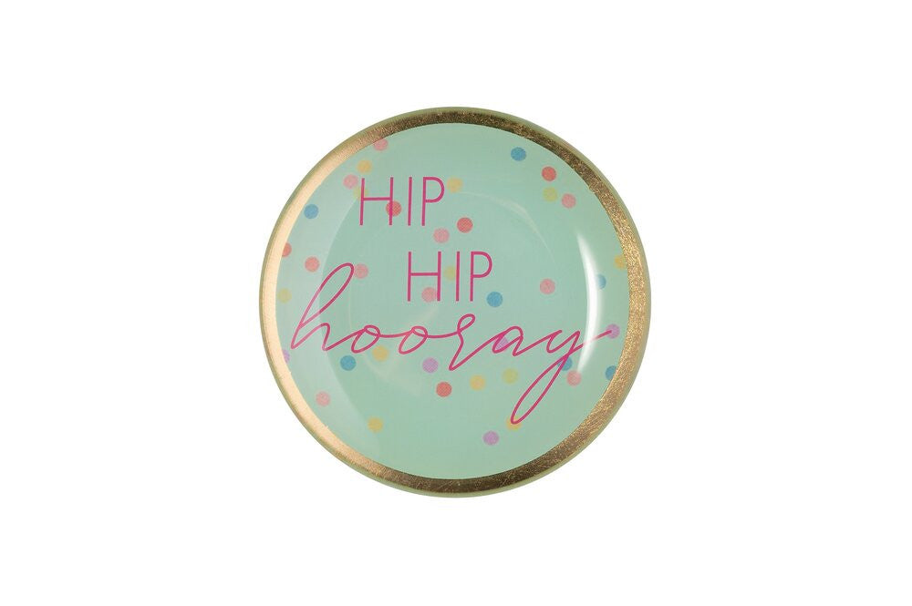 Glasteller Goldrand rund Hip Hip Hurra 10cm mint Geburtstag