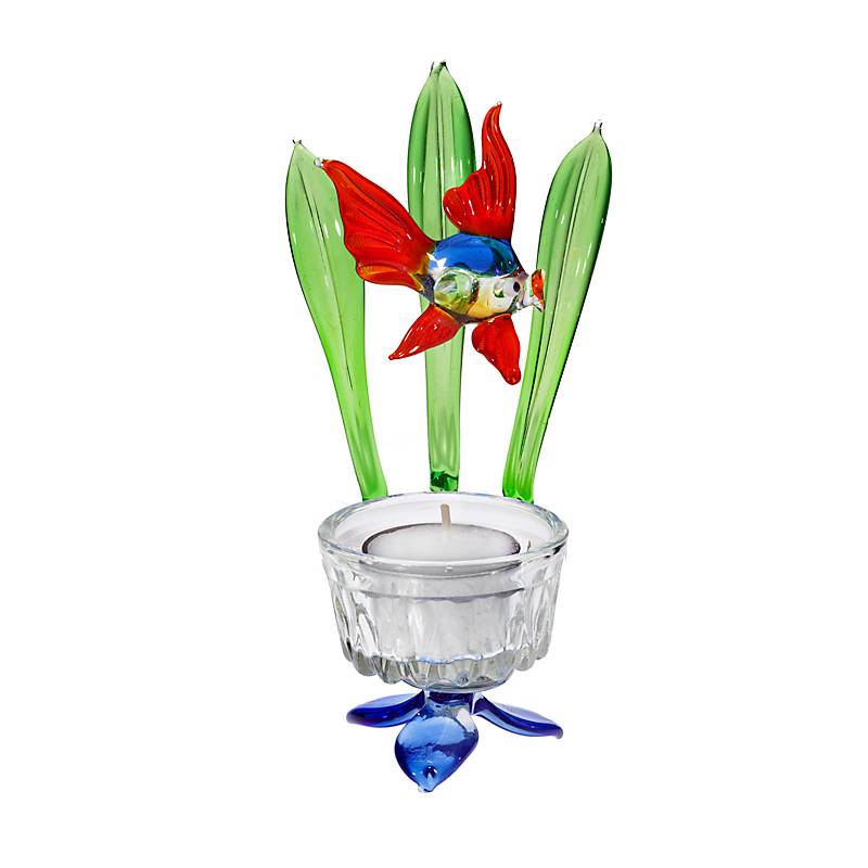 Teelichthalter mit Fisch Blumen 7,5cm  Glas Kerzenhalter Dekoration Geschenk