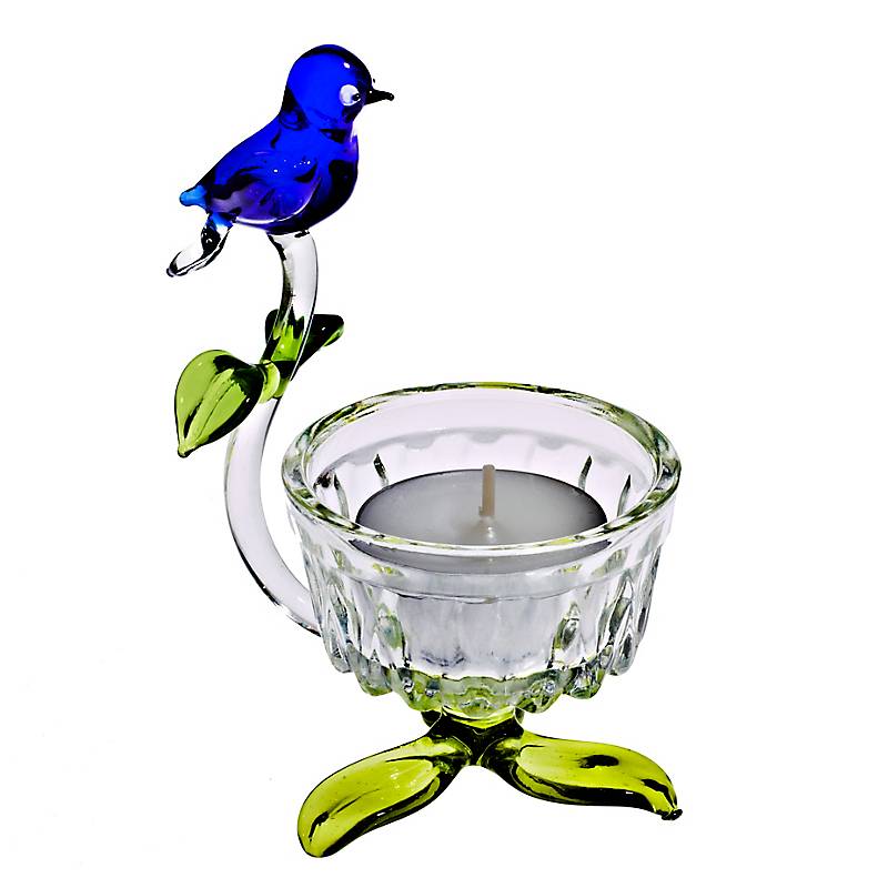 Teelichthalter mit Vogel Blumen 7,5cm Glas Kerzenhalter Dekoration Geschenk