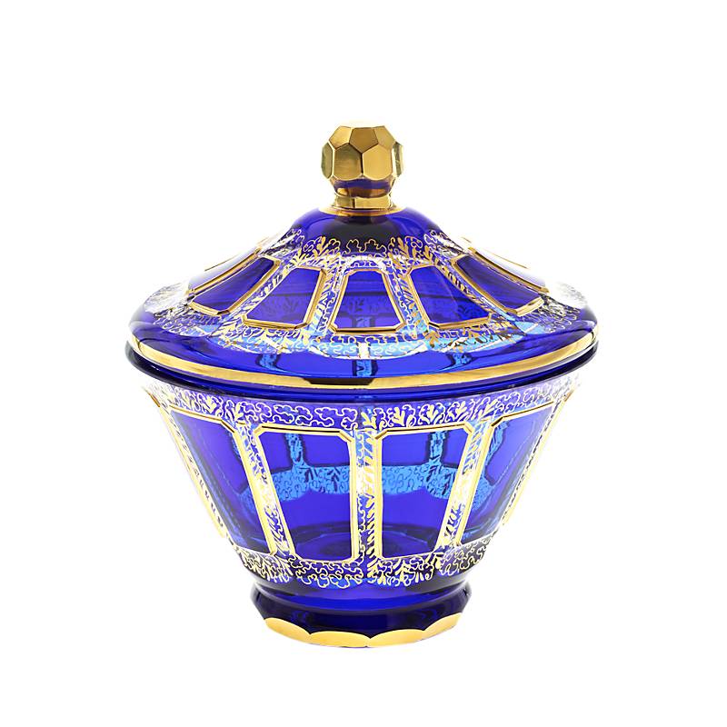 Dose mit Deckel Blue Queen 19 cm, Blau/Gold, aus Glas