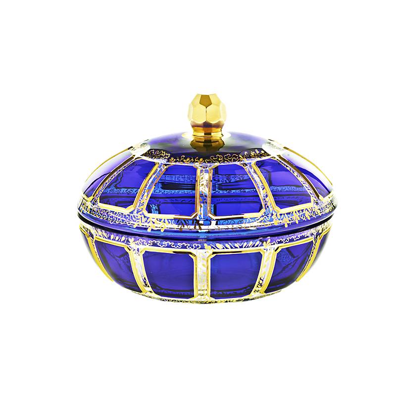 Dose mit Deckel Blue Queen 18 cm, Blau/Gold, aus Glas