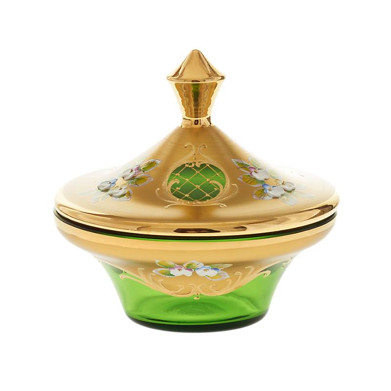 Dose mit Deckel Green Queen 15,5 cm, Grün/Gold, aus Glas