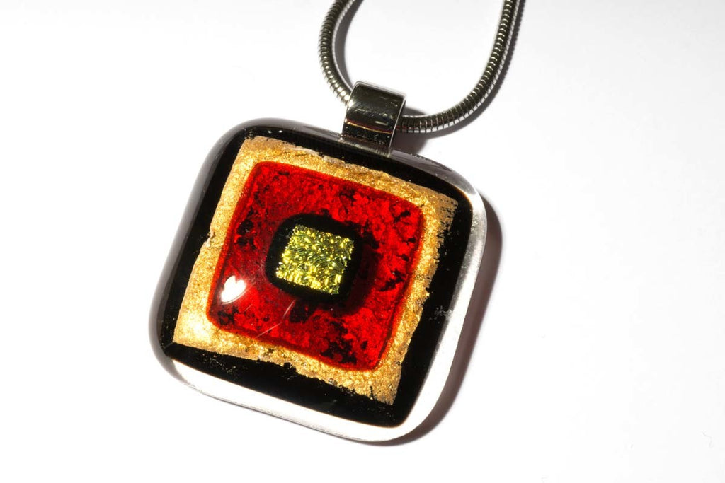 Halskette eckig Glasanhänger Gold Rot (Edelstahlkette) mit Fusing