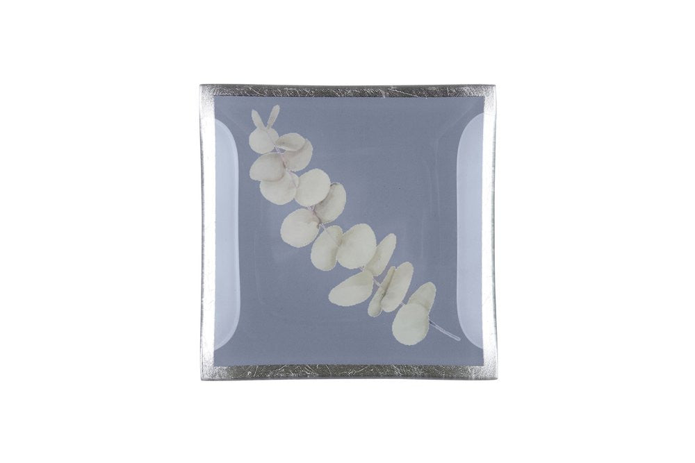 Glasteller klein mit Silberrand Eukalyptus 10x10cm