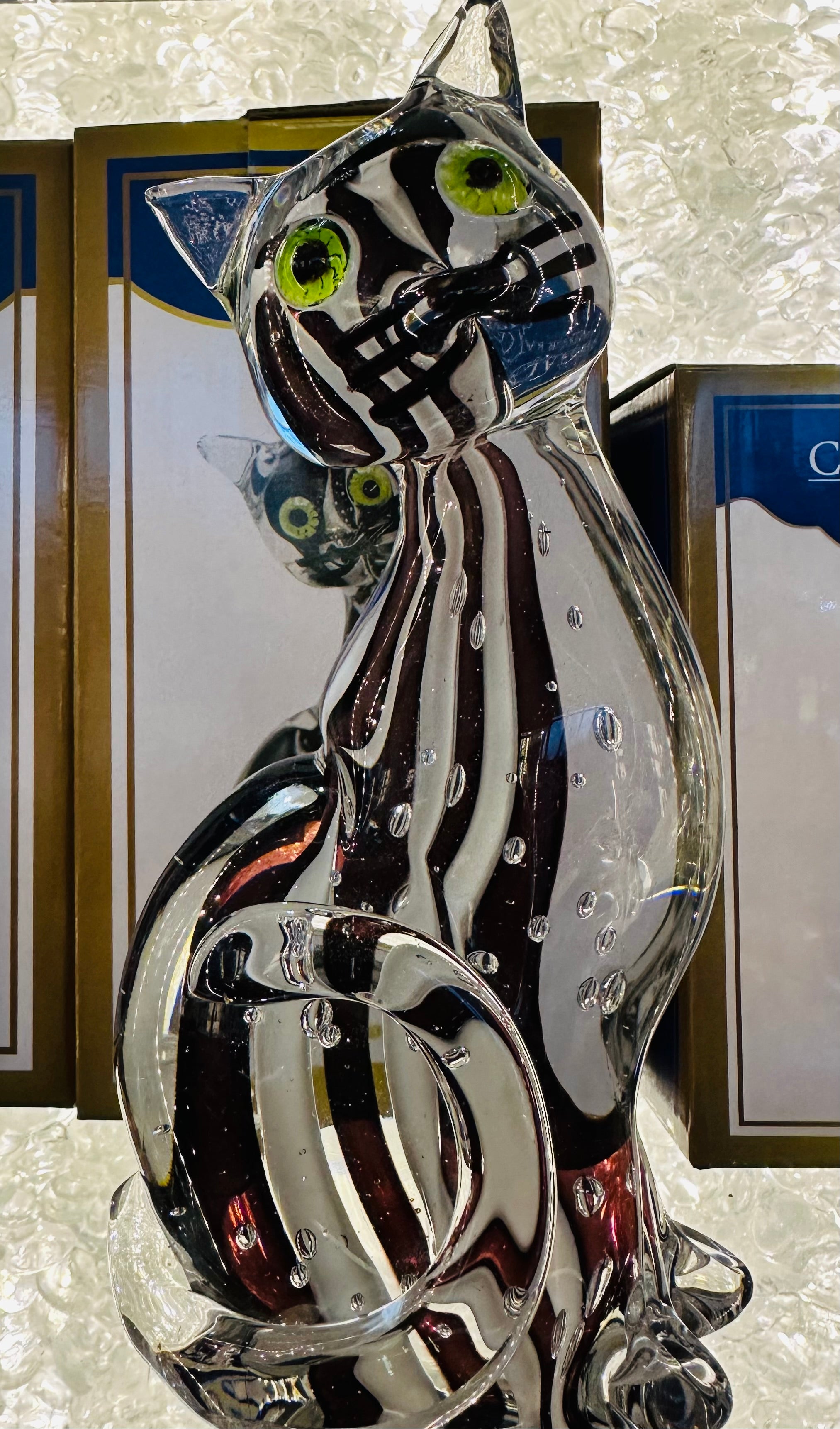 Glasfigur Katze Höhe ca. 20cm Schwarz/Grau/Transparent Handarbeit