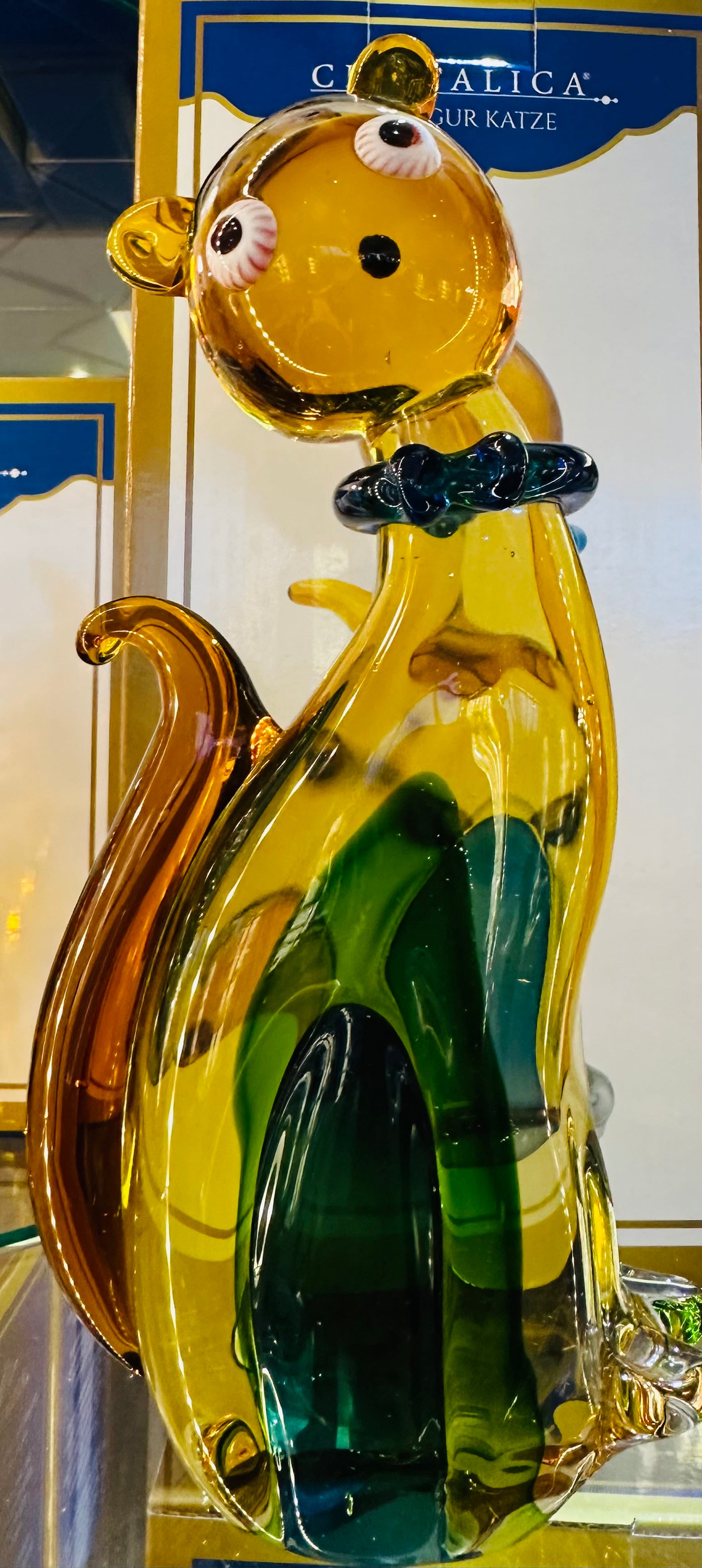 Glasfigur Katze Höhe ca. 26cm Amber/Braun/Blau Handarbeit