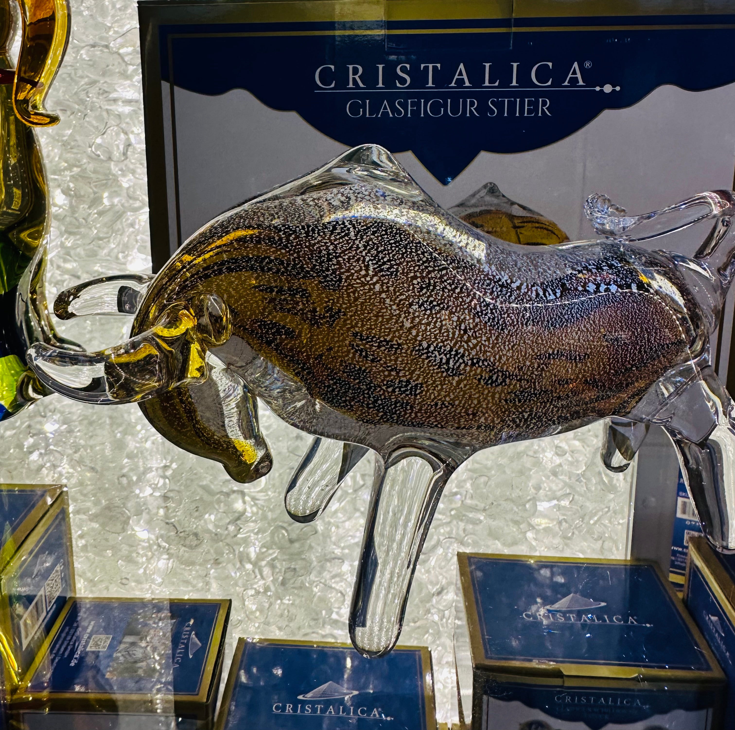 Glasfigur Stier Höhe ca. 10,5cm/Länge ca. 21,5cm Hellbraun/Gelb/Amber Handarbeit