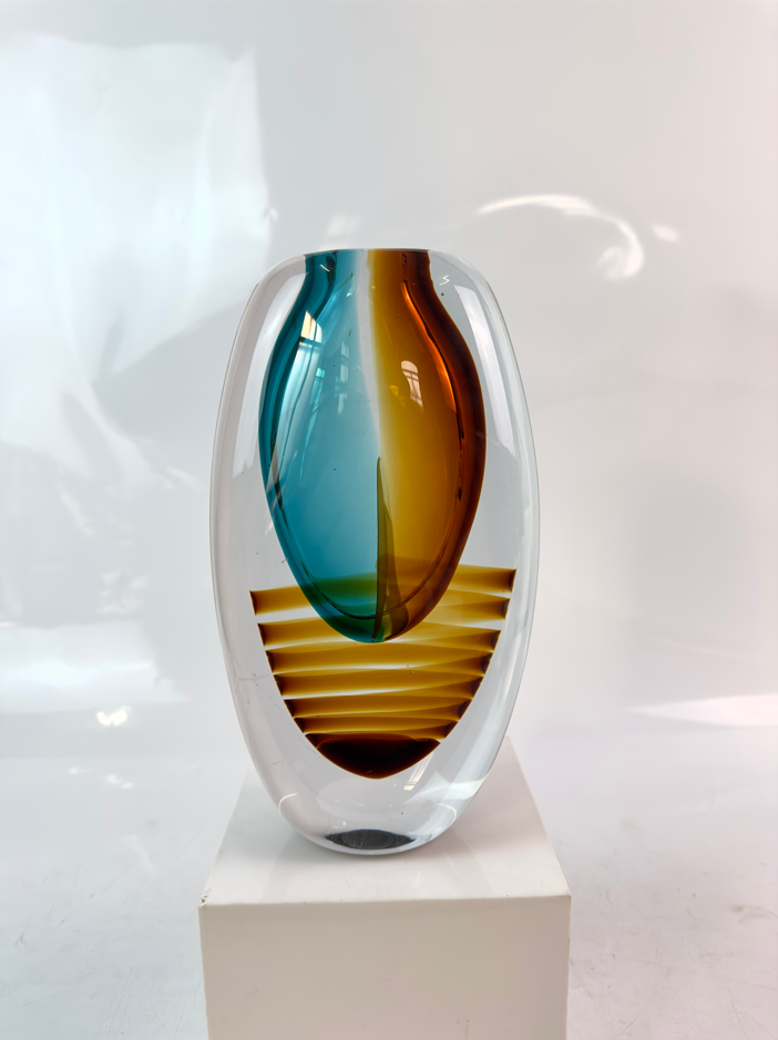 Glas Vase Modern  Blau/Amber/Transparent Handarbeit