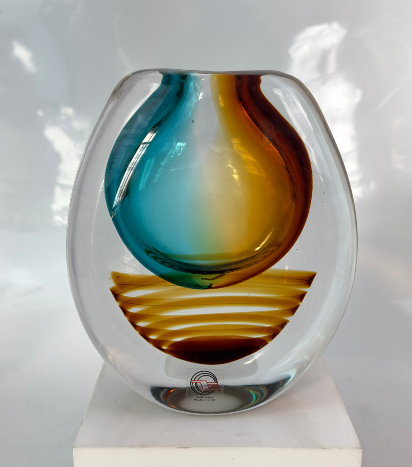 Glas Vase Modern  Blau/Amber/Transparent Handarbeit