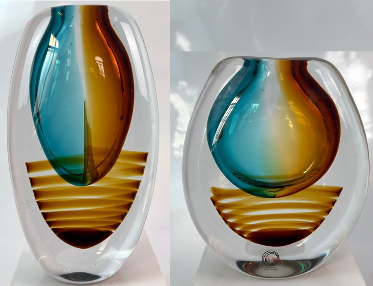 Glas Vase Modern  Blau/Amber/Transparent Handarbeit