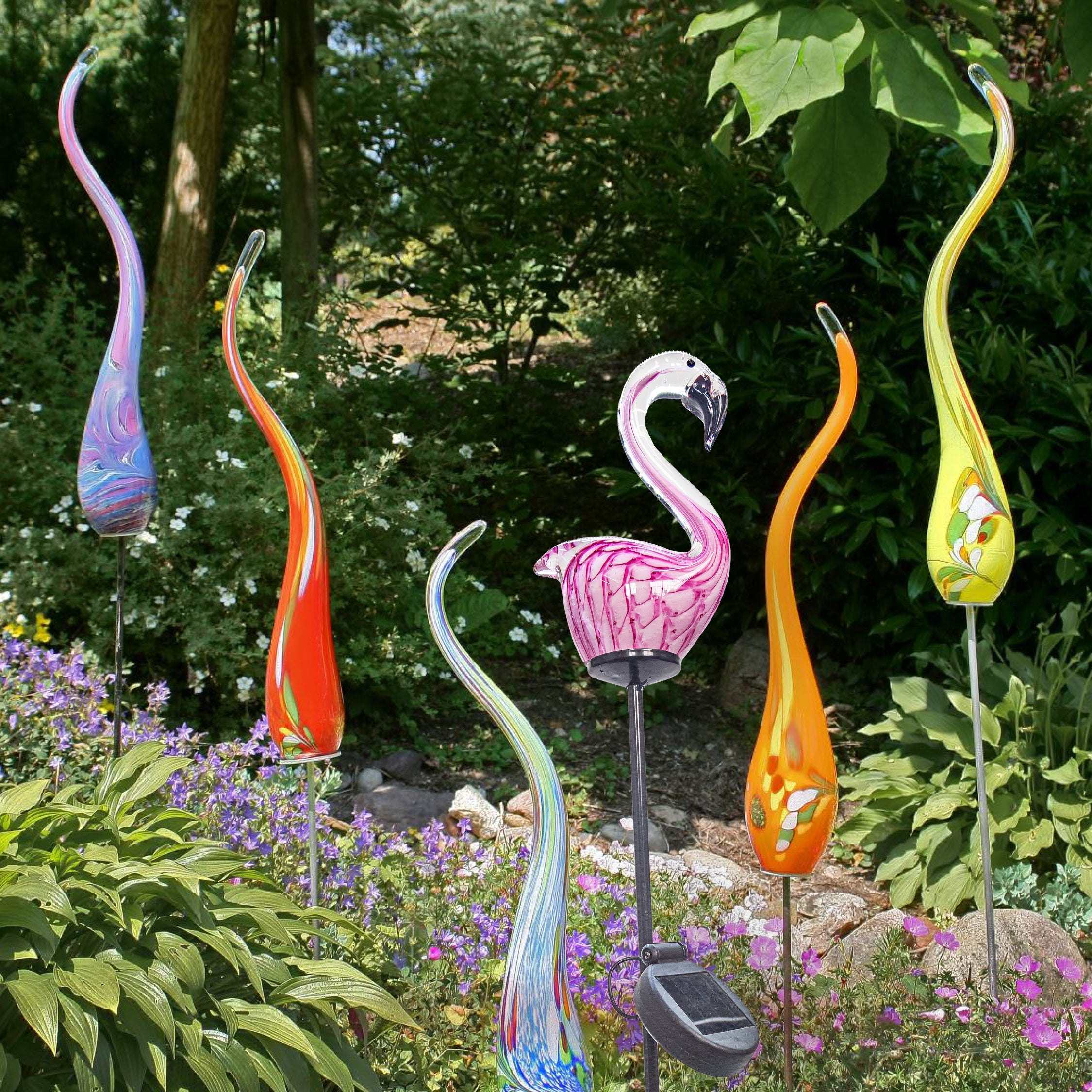 Glas Flamingo Pink Höhe ca. 15,5cm, Gartendeko mit Solarlicht & Stab 46cm Handarbeit ohne Verpackung