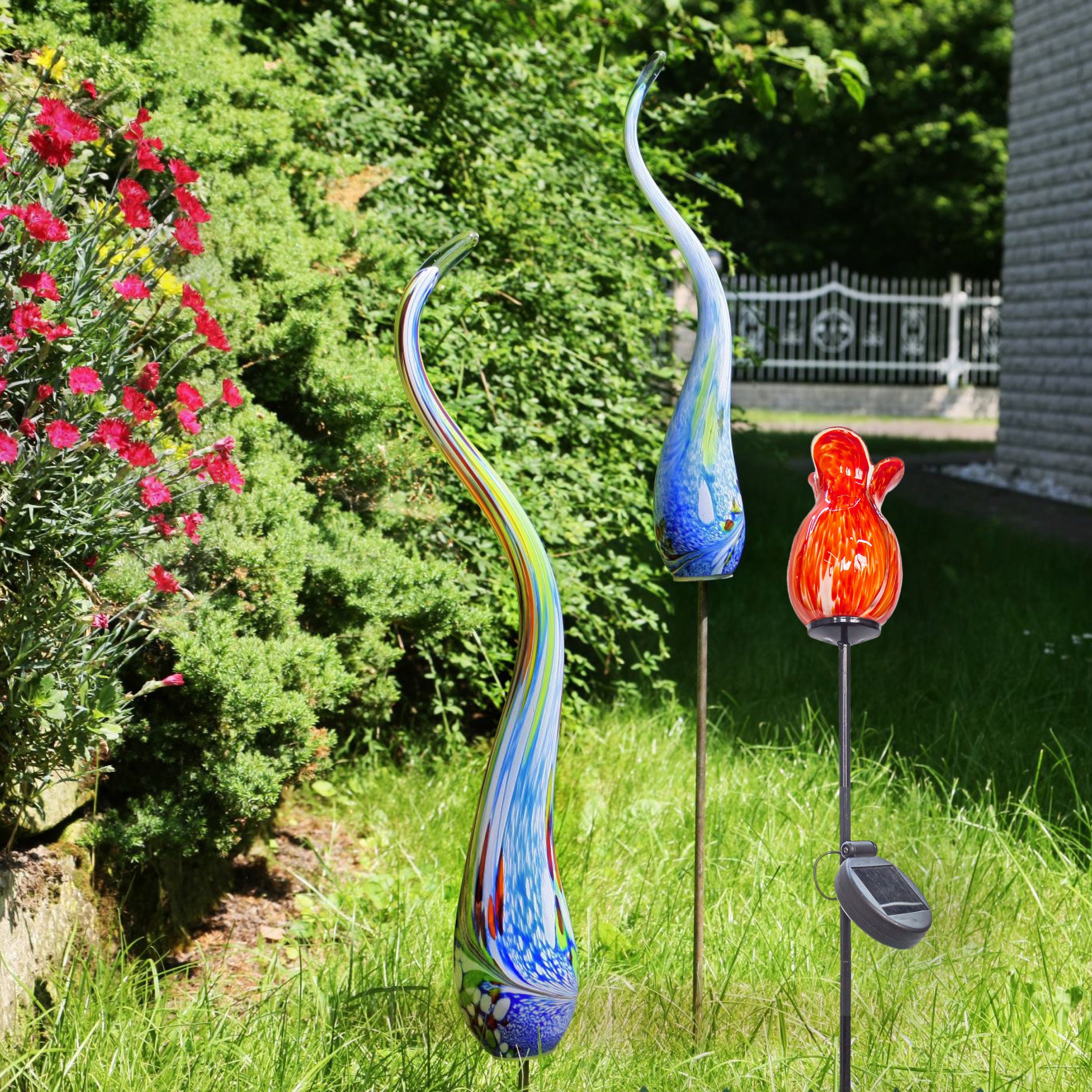 Glas Blume Rot/Orange Höhe ca. 12cm, Gartendeko mit Solarlicht & Stab 46cm Handarbeit ohne Verpackung