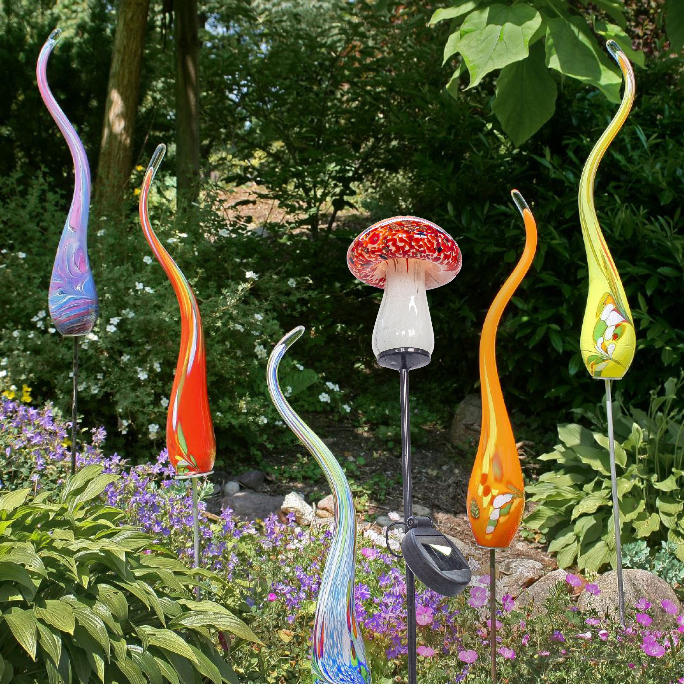 Glas Pilz Rot/Bunt Höhe ca. 12,5cm, Gartendeko mit Solarlicht & Stab 46cm Handarbeit ohne Verpackung