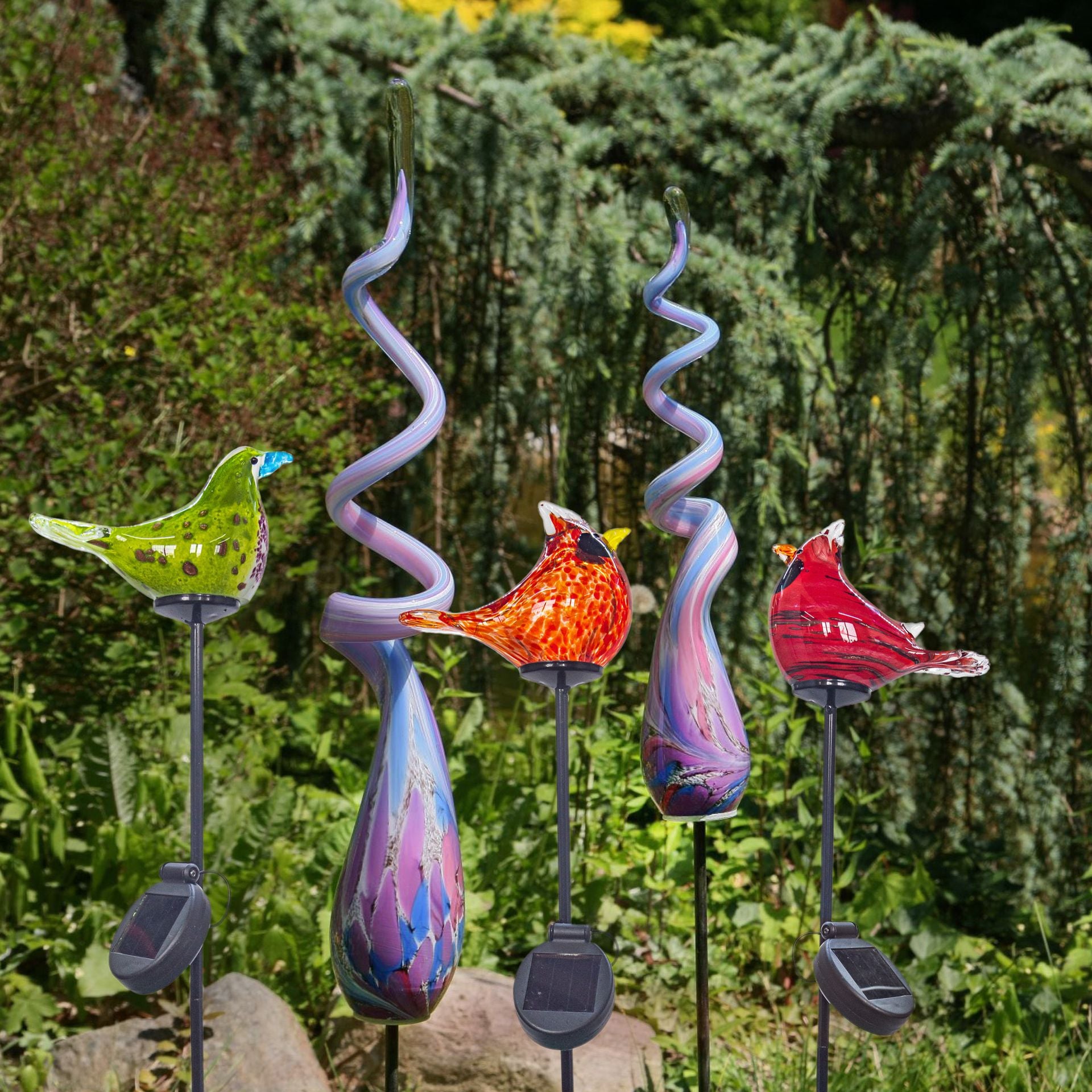 Glas Vogel Grün/Lila Höhe ca. 8,5cm, Gartendeko mit Solarlicht & Stab 46cm Handarbeit ohne Verpackung