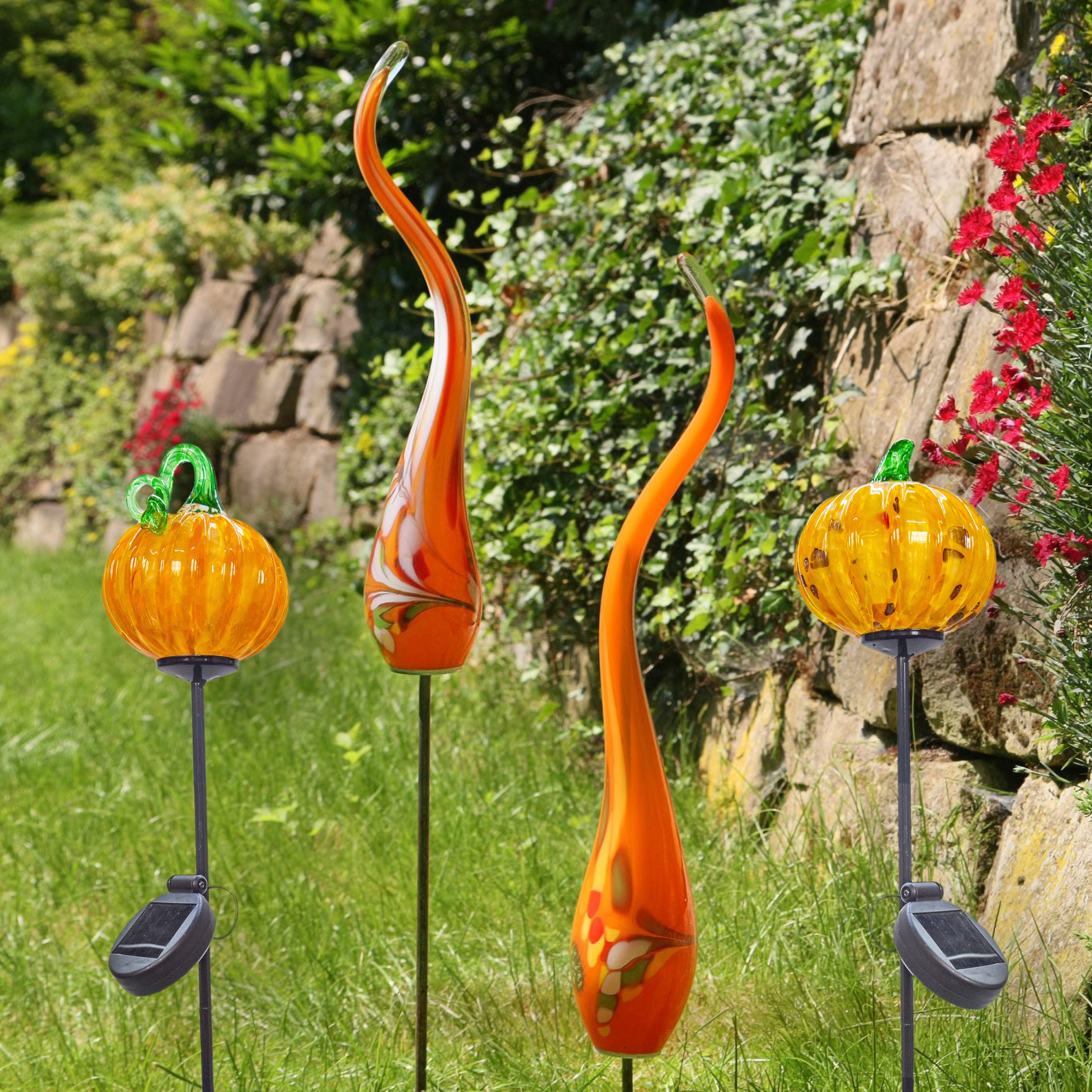 Glas Kürbis Gelb/Orange/ Grün Höhe ca. 12cm, Gartendeko mit Solarlicht & Stab 46cm Handarbeit ohne Verpackung