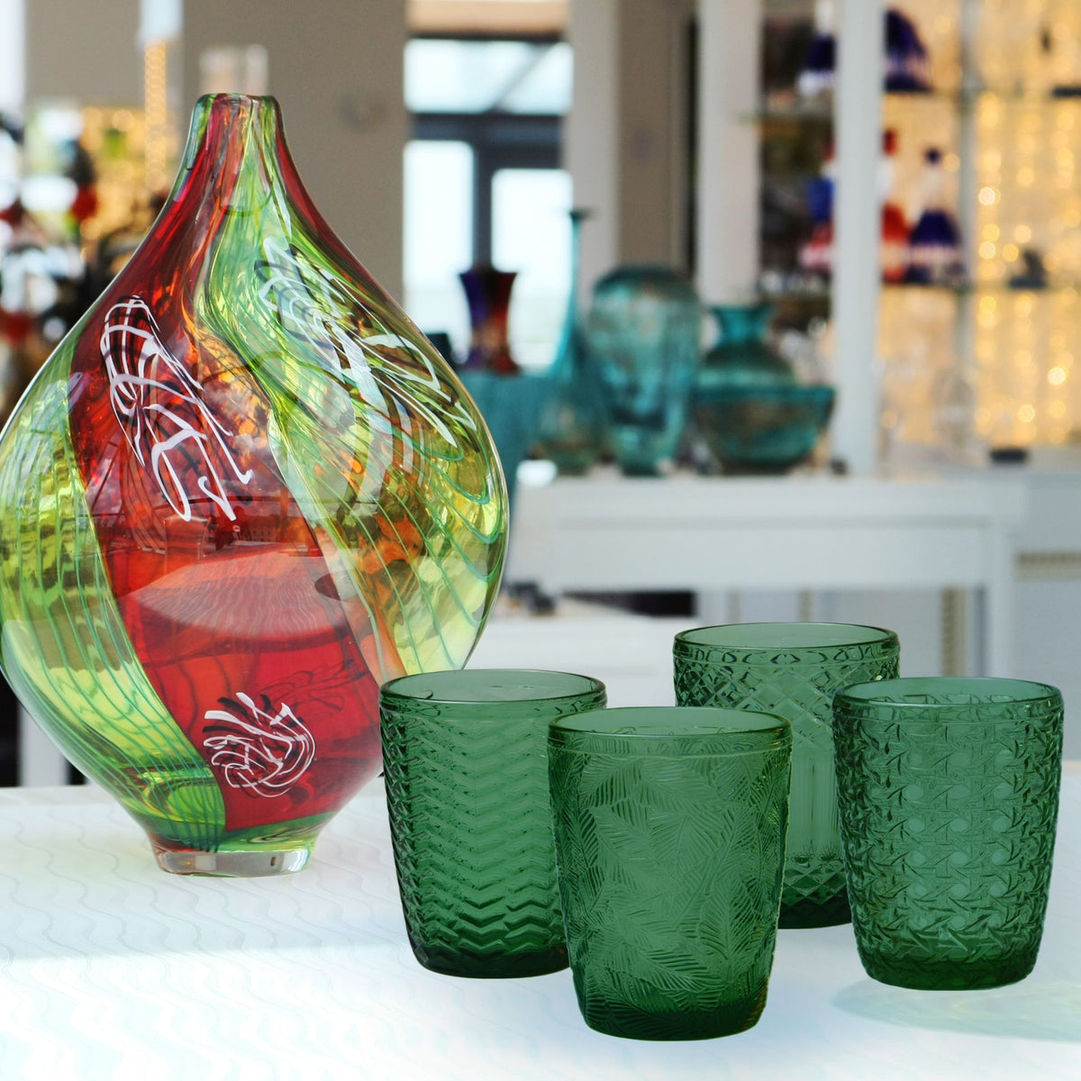 4er Set Trinkglas, Saftglas, Wasserglas Grün mit Gemischten Motive, ca