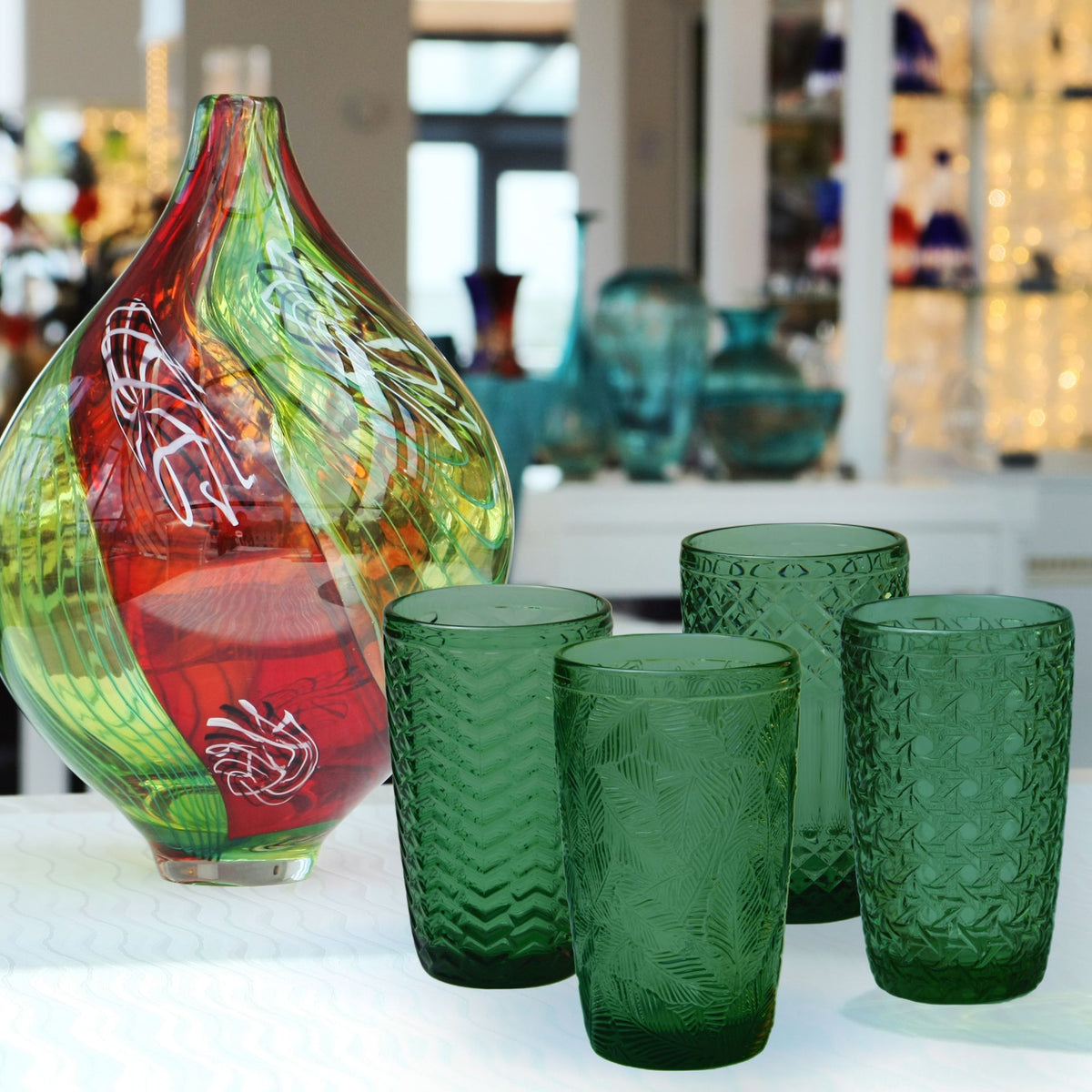 4er Set Longdrinkglas, Saftglas, Wasserglas Grün mit Gemischten Motive