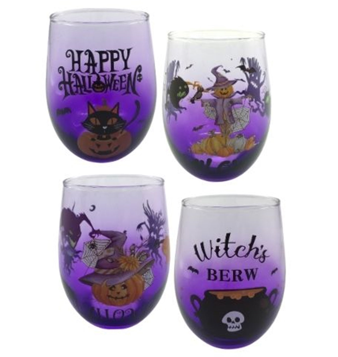 4er Set Trinkgläser mit Halloween Motiv, Lila Höhe ca. 12cm, 500ml