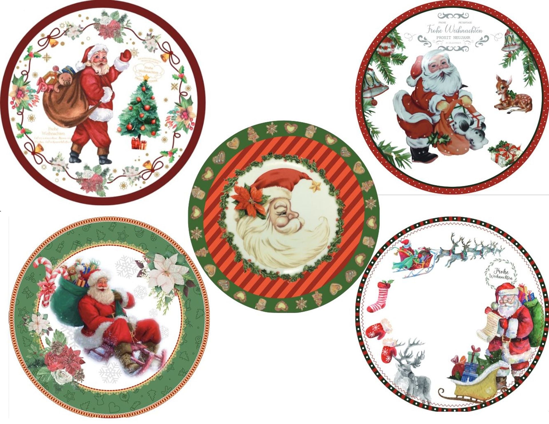 4er Set Weihnachtsteller mit Weihnachtsmann Motiv Keramik ca. 20,5cm Weiß/Rot/Grün