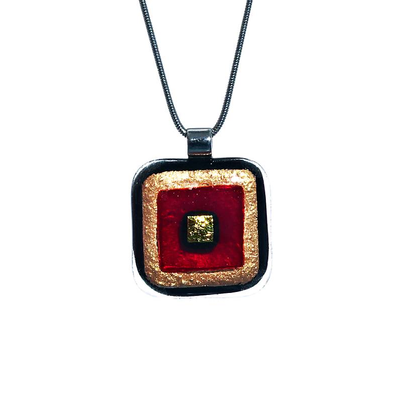 Halskette eckig mit Glasanhänger Rot Gold Fusing (Edelstahlkette)