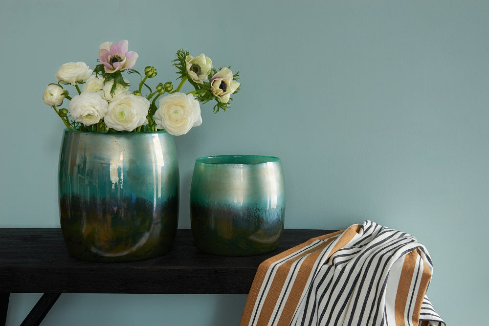 Windlicht Glas Übertopf Blumenvase Perlmutt grau/grün 17cm
