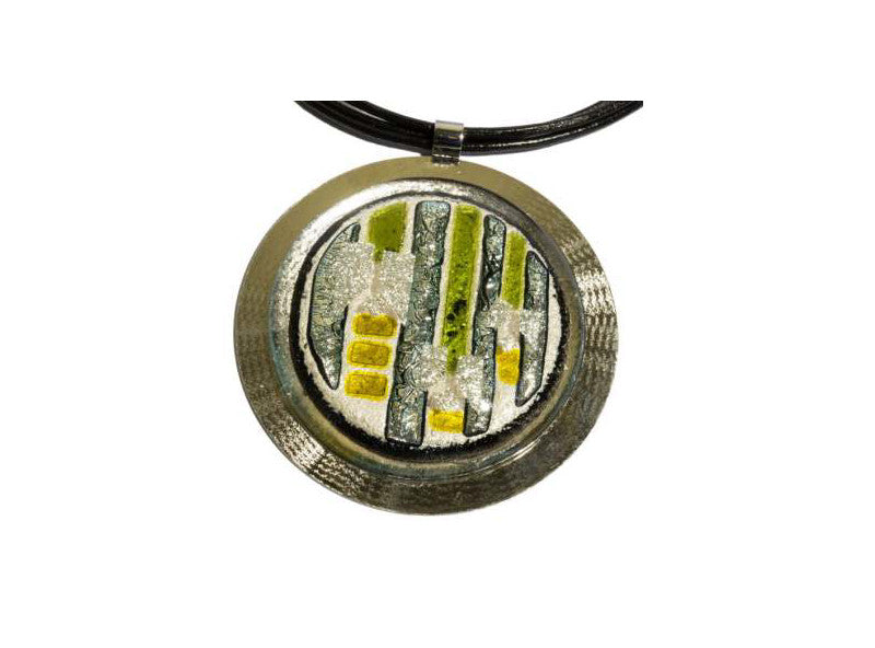 Halskette Brilliance mit mit Glasanhänger Grün Silber Fusing (Lederband)