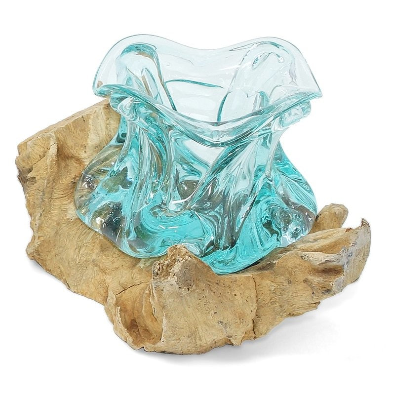 Minivase Liqva Glas mit Wurzel ca. 20cm Teakholz Dekoration Unikat handgefertigt