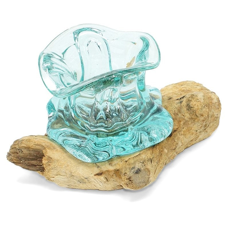 Minivase Liqva Glas mit Wurzel ca. 20cm Teakholz Dekoration Unikat handgefertigt