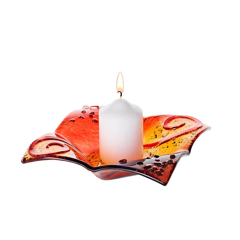 Kerzenhalter Glasschale Blüte Tischdekoration Fusing Glas rot 16x16cm Handmade