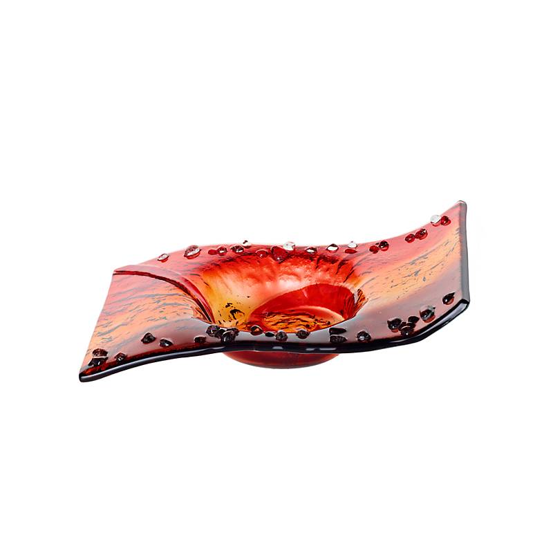 Kerzenteller Welle Kerzenhalter Schale Fusing Glas rot orange 13x19cm Handmade
