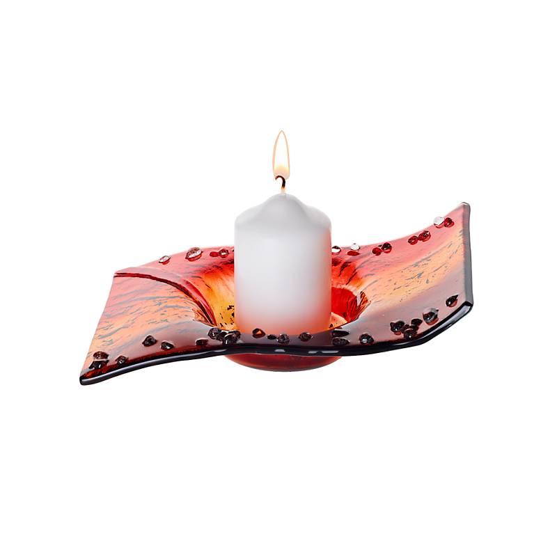 Kerzenteller Welle Kerzenhalter Schale Fusing Glas rot orange 13x19cm Handmade