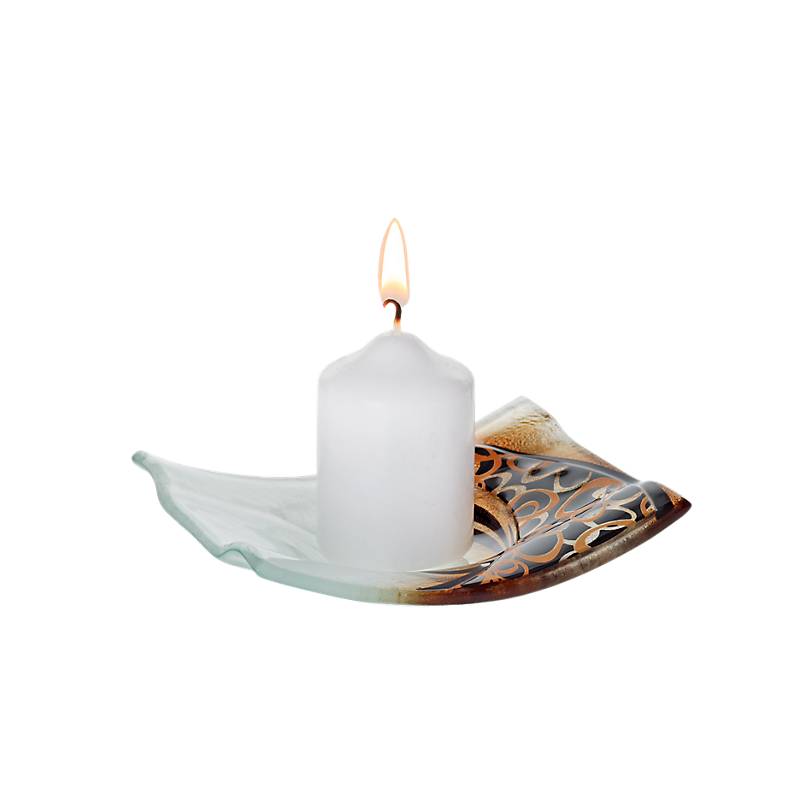 Kerzenhalter Kerzenteller Wippe Tischdeko Fusing Glas weiß gold 12x14cm Handmade