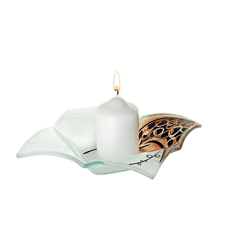 Kerzenhalter Glasschale Blüte Tischdeko Fusing Glas weiß gold 16x16cm Handmade