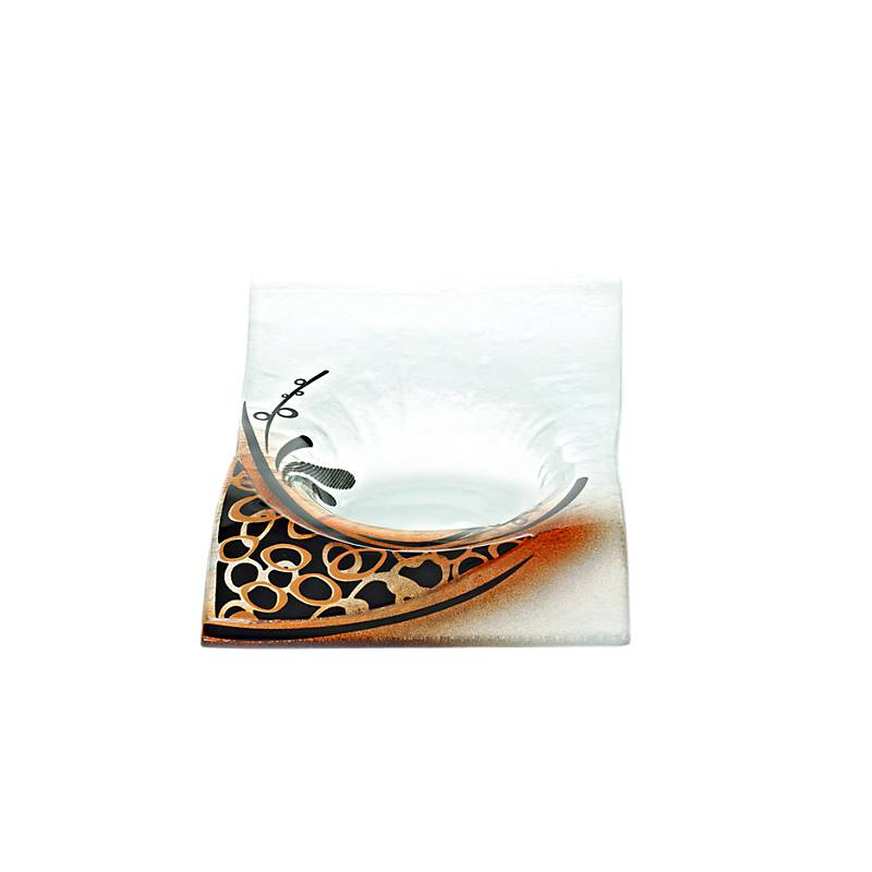 Kerzenteller Welle Kerzenhalter Schale Fusing Glas weiß gold 13x19cm Handmade