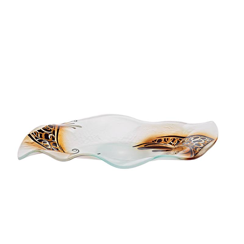 Glasschale Teller Platte Blatt Leaf Design Fusing Glas weiß gold 39cm Handmade