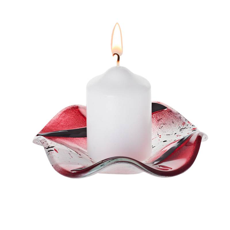 Kerzenhalter Schale Teller Blüte gewellt Deko Fusingglas weiß rot 14cm Handmade