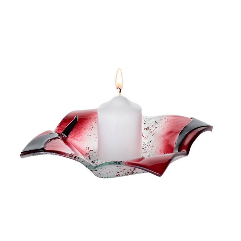 Kerzenhalter Glasschale Blüte Tischdeko Fusing Glas weiß rot 16x16cm Handmade