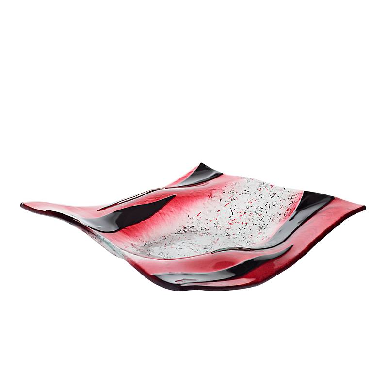 Glasschale Teller quadratisch Design Objekt Fusingglas weiß rot 22x22cm Handmade