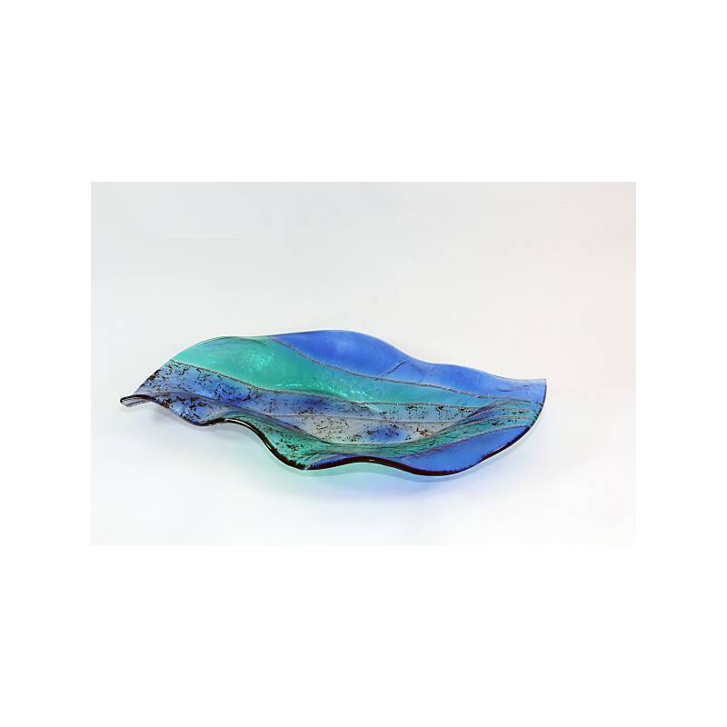 Glasschale Teller Platte Blatt Leaf Design Deko Fusing Glas blau 39cm Handmade