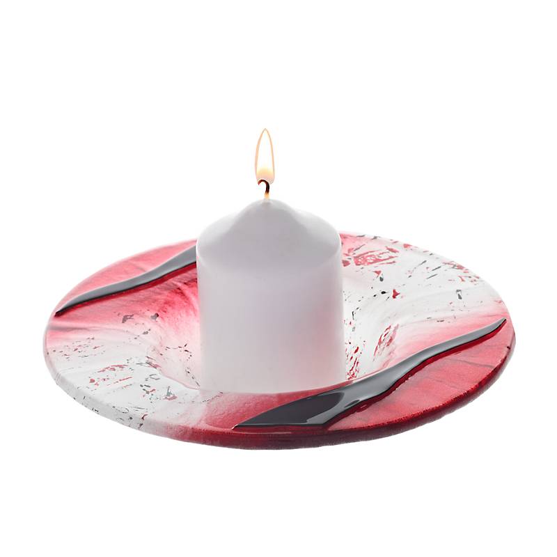Kerzenhalter Kerzenteller Schälchen rund Deko Fusingglas weiß rot 16cm Handmade