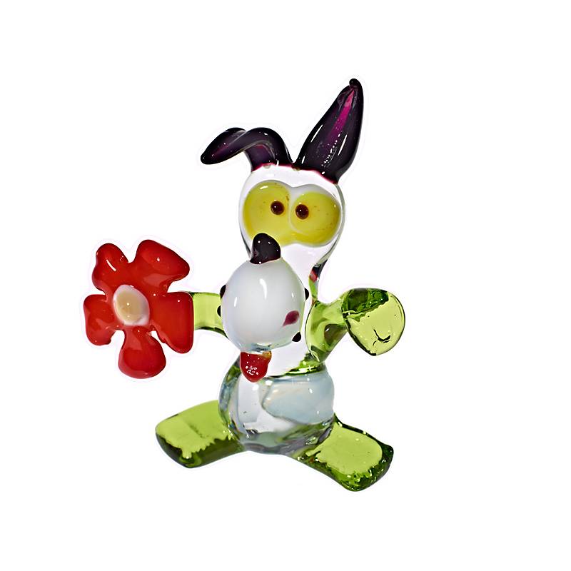 Hund mit Blume Midi 6-8cm Glas Figuren Sammeln Vitrine Miniatur Haustier