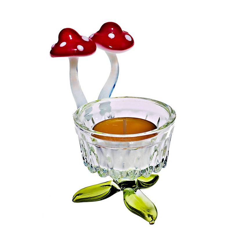 Teelichthalter mit Pilzen Blumen 7,5cm  Glas Kerzenhalter Dekoration Geschenk