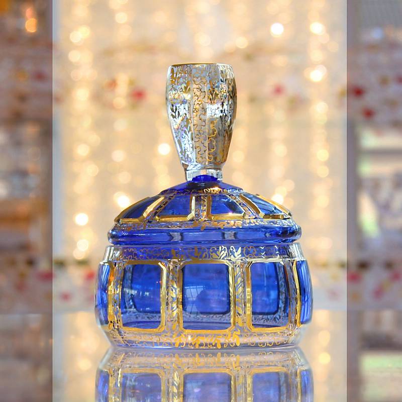 Dose mit Deckel Blue Queen 11,5 cm, Blau/Gold, aus Glas