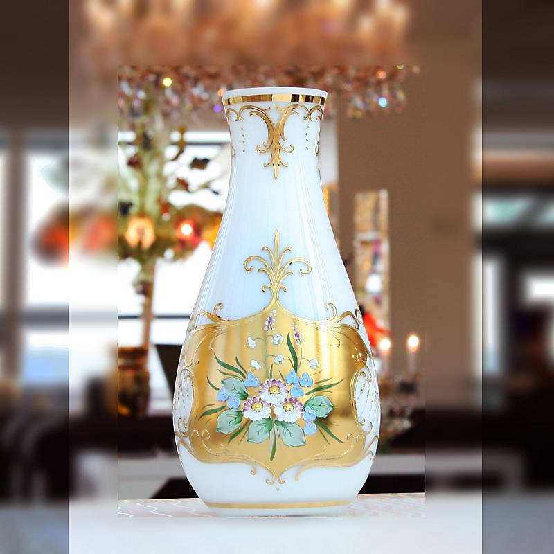 Vase White Queen 30 cm, Weiß/Gold, aus Glas