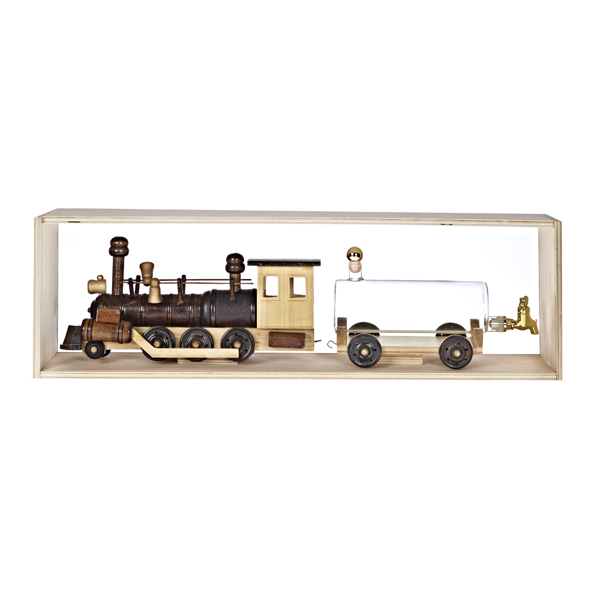 Geschenkflasche Lokomotive Lok  Eisenbahn Glas Holz Leer Geschenkverpackung 55,5 cm